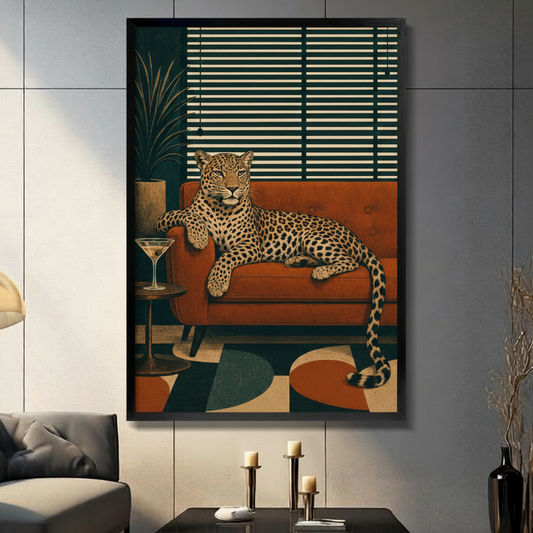 Cool leopard lounging on burnt orange mid-century modern sofa beside round side table with martini glass in front of teal wall with horizontal window blinds and tropical palm plant with geometric color block rug mid-century modern illustration framed wall art print displayed in a living room with dark gray sofa, pillar candle holders, and black decorative vase