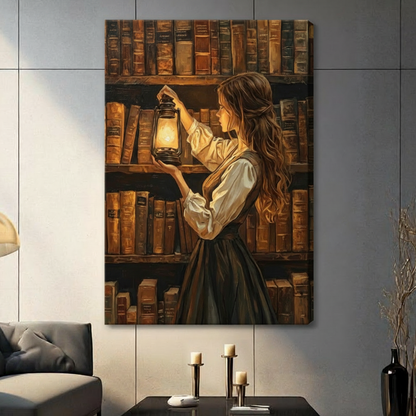 Gallery wrap stretched canvas of a young woman in a white linen blouse and dark long skirt standing before floor-to-ceiling shelves of antique leather books holding a lit black oil lantern that casts a warm golden glow across the spines dark academia vintage library oil painting hung frameless on a gray wall above a dark sofa with metal candlesticks