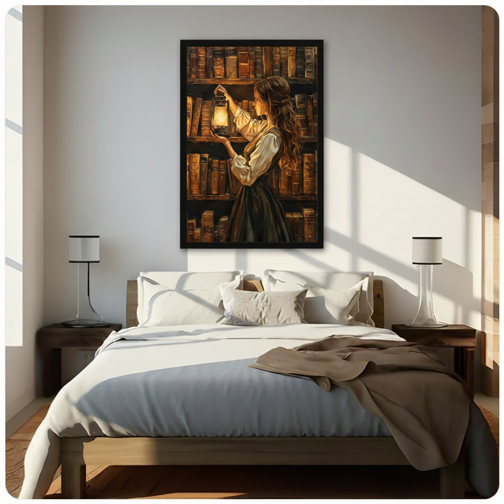 Black framed moody dark academia vintage oil painting of a young woman with long wavy hair in a white linen blouse and dark long skirt holding up a glowing black kerosene lantern before towering shelves of antique leather-bound books warm golden candlelight canvas wall art hung in bright diagonal sunlight above a dark wood bed with white linen bedding and matching bedside lamps