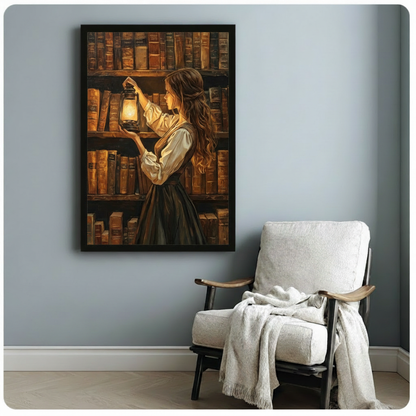 Black framed atmospheric dark academia oil painting of a long-haired young woman in a white billowy shirt and dark skirt raising a glowing kerosene lantern to illuminate rows of antique leather-bound books on dark wooden shelves rich amber and deep brown tones vintage library canvas print hung on a soft blue-gray wall beside a white upholstered wood armchair with cream throw