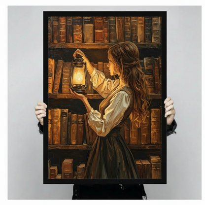 Two gloved hands holding a large black framed dark academia vintage oil painting of a young woman with flowing brown hair in a white blouse and dark skirt holding a lit black oil lantern before shelves of aged leather books warm amber glow illuminating the antique spines library girl canvas art print, front-facing vertical product size display
