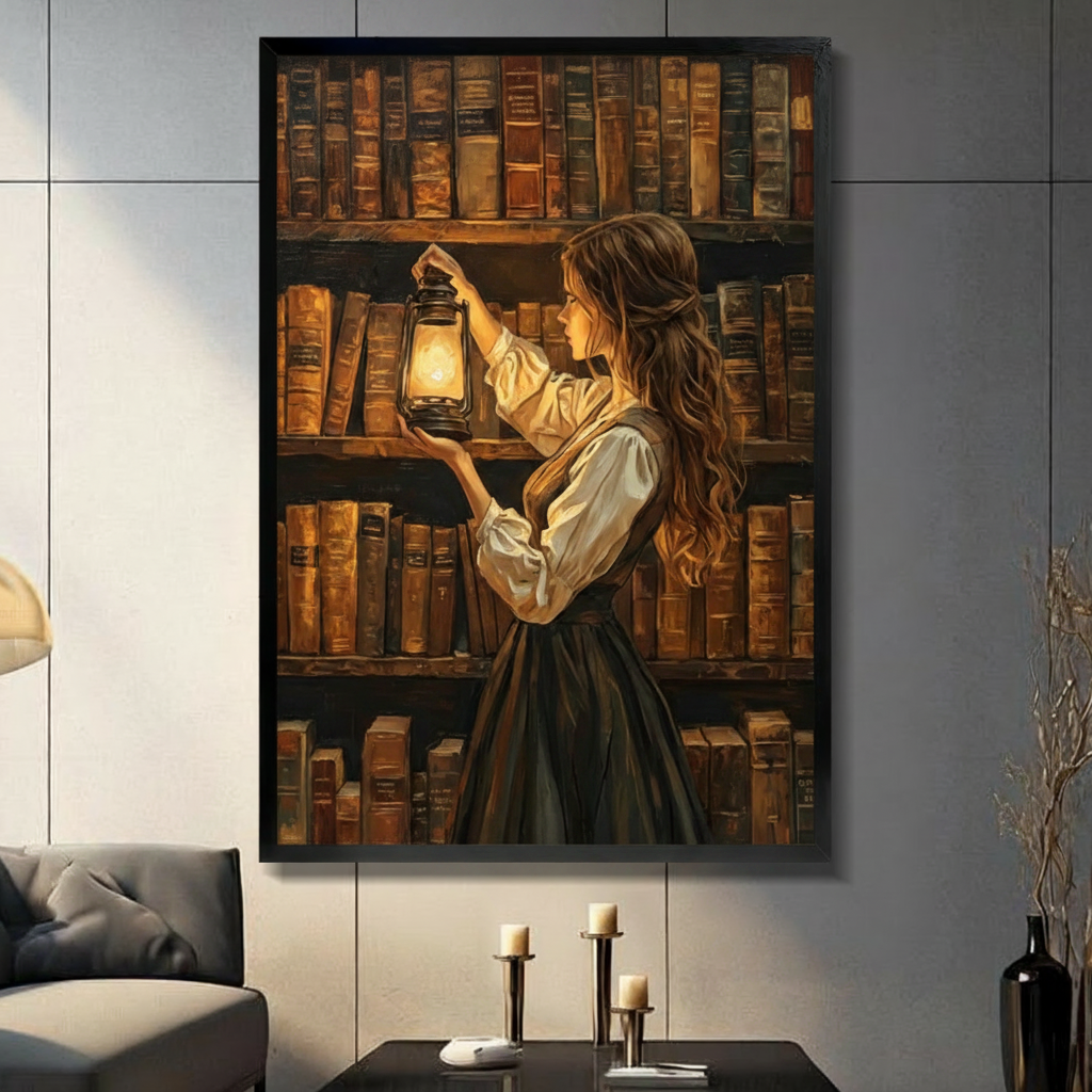 Black framed dark academia vintage oil painting of a young woman with long wavy brown hair in a white billowy blouse and dark skirt holding up a glowing black kerosene lantern in front of towering shelves of aged leather-bound books warm amber candlelight illuminating the spines canvas wall art displayed in a modern gray living room with dark sofa and metal candlesticks