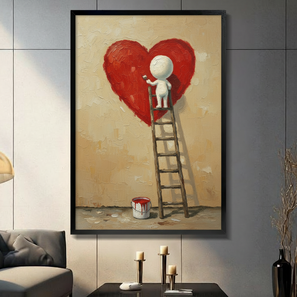 Banksy-style wall art of white figure painting a red heart on ladder, black framed print hung on dark grey wall above candle holders, oil texture love art