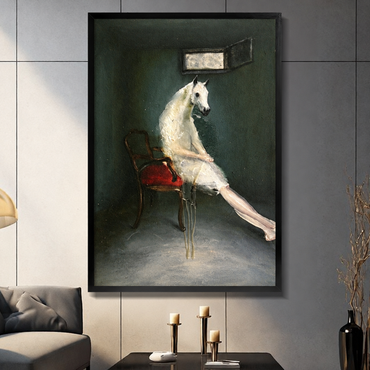 Surreal horse woman canvas wall art displayed above a coffee table with candles beside a gray sofa.