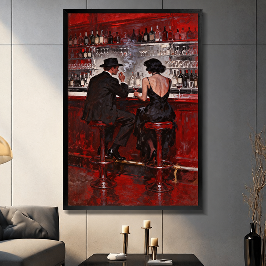 Vintage bar couple wall art displayed in a black frame above a coffee table with three candles.