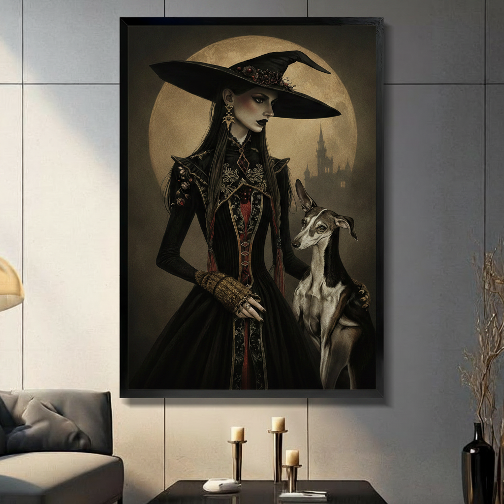 Gothic witch greyhound moon castle canvas wall art in black float frame above console table with candles on dark gray tile wall