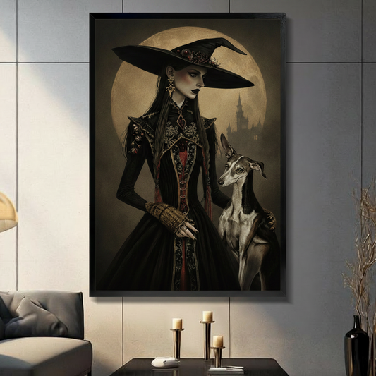 Gothic witch greyhound moon castle canvas wall art in black float frame above console table with candles on dark gray tile wall