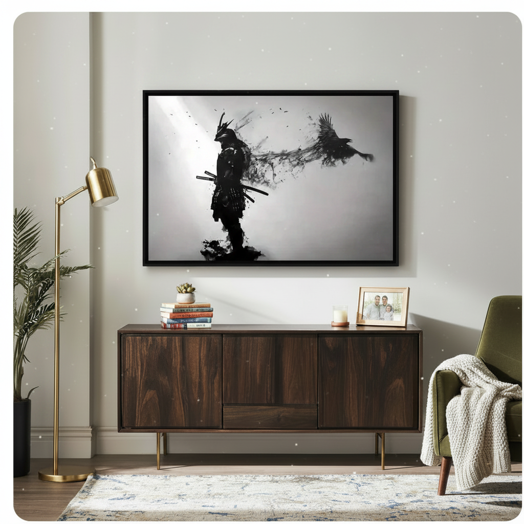 Samurai crow ink painting in black float frame above dark walnut sideboard in modern American living room, Japanese wall art
