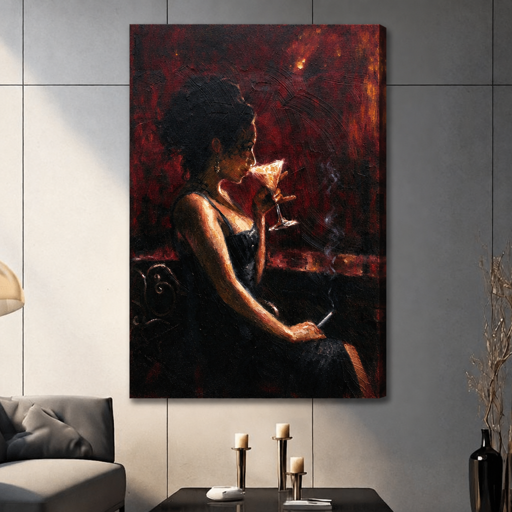Unframed cocktail woman canvas art with wrapped edges above a coffee table beside a gray sofa.