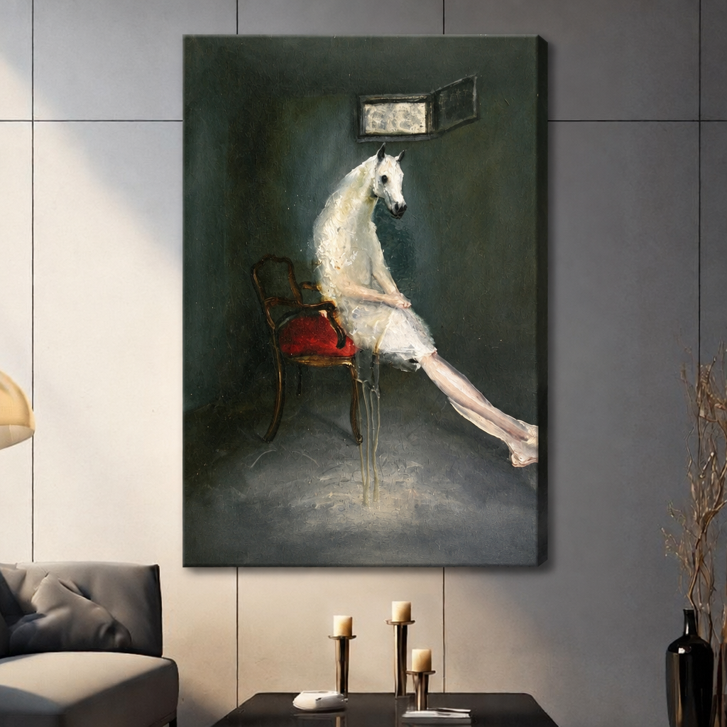 Unframed horse woman canvas art with wrapped edges against gray wall panels above a candle-filled coffee table.