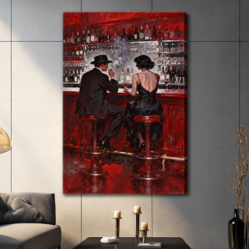 Unframed red bar couple canvas art with wrapped edges above a coffee table beside a gray sofa.