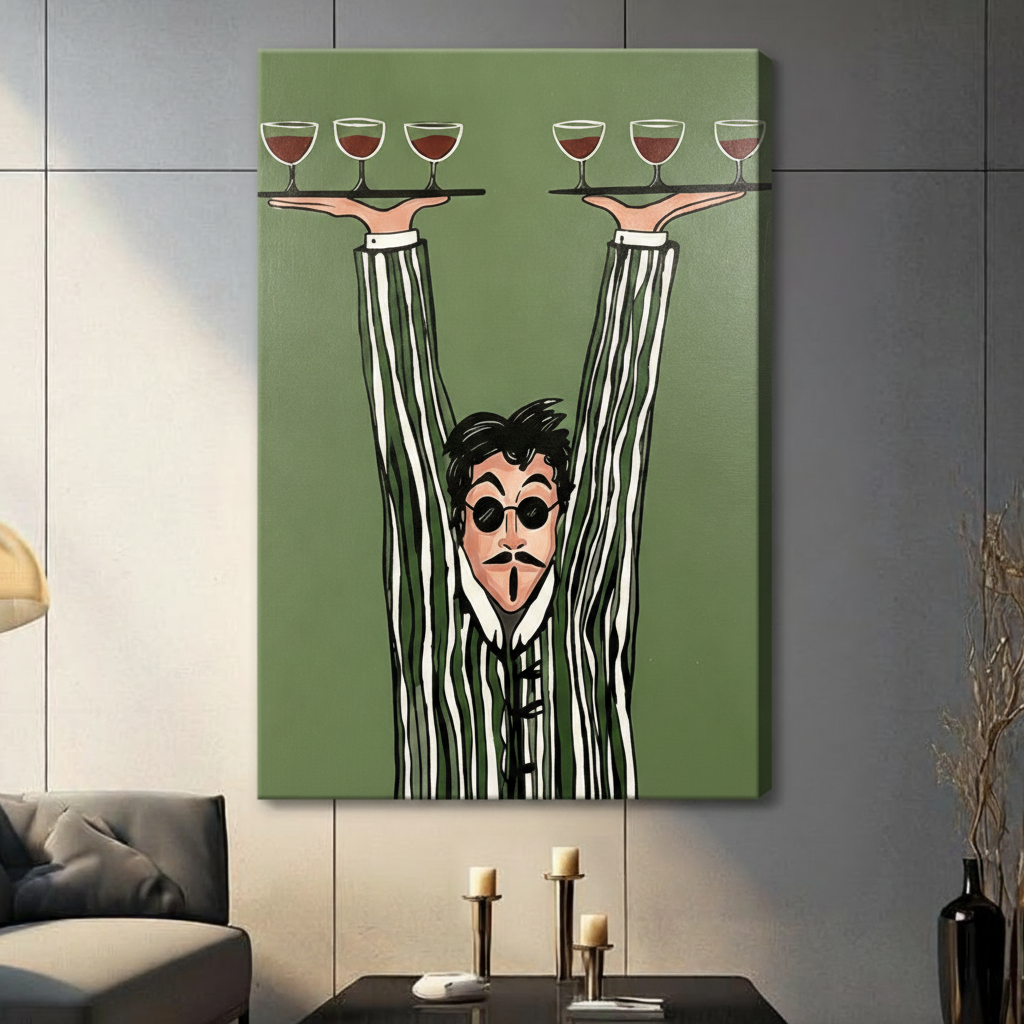 Bold graphic cartoon illustration of a bug-eyed waiter with black circular sunglasses goatee and gaping expression in an olive green and white striped blazer with exaggerated elongated arms raising two black trays of red wine glasses against a solid olive green background quirky waiter wall art stretched canvas in a living room with dark gray panel wall dark sofa and black vase