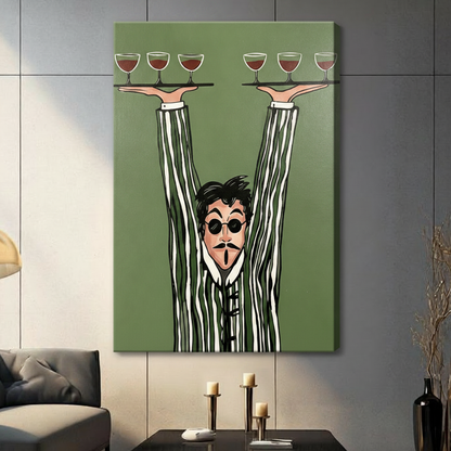 Bold graphic cartoon illustration of a bug-eyed waiter with black circular sunglasses goatee and gaping expression in an olive green and white striped blazer with exaggerated elongated arms raising two black trays of red wine glasses against a solid olive green background quirky waiter wall art stretched canvas in a living room with dark gray panel wall dark sofa and black vase