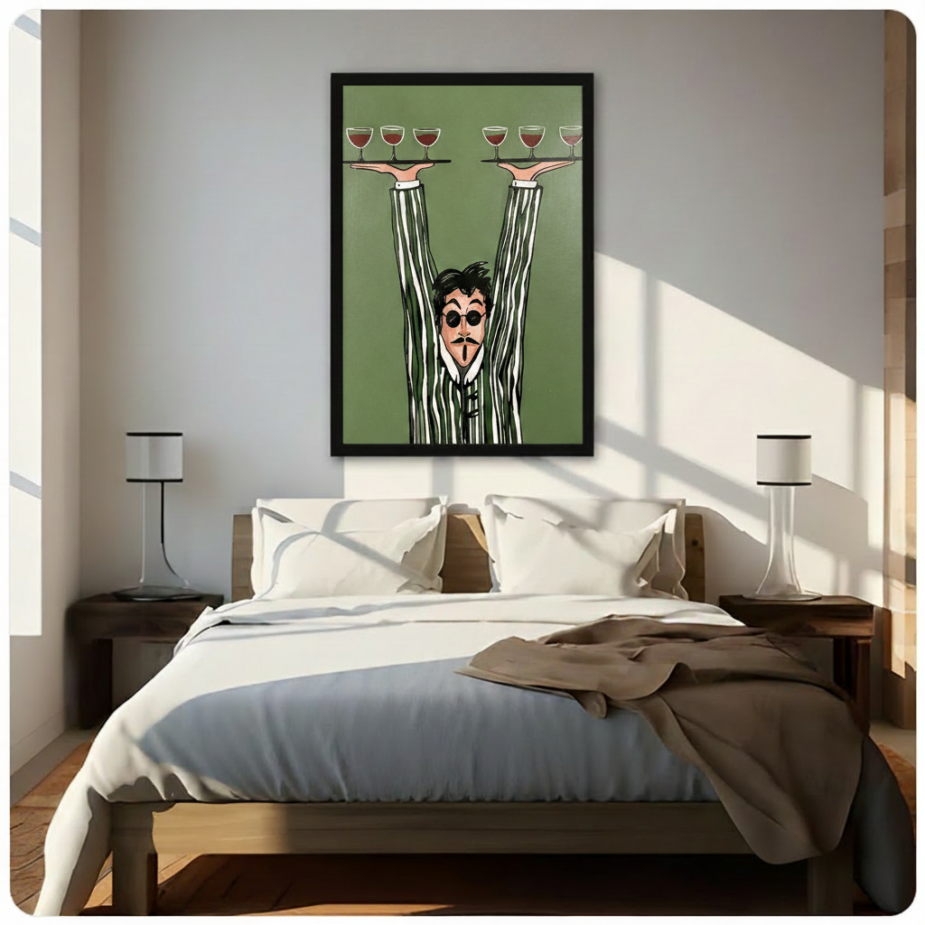Bold graphic cartoon of a wide-eyed waiter with round sunglasses a goatee and an astonished expression wearing an olive and white striped suit with impossibly long arms extended upward holding black trays of red wine glasses against a flat olive green background fun waiter wall art framed print above a bedroom with white linen bedding dark wood bed frame and white table lamps