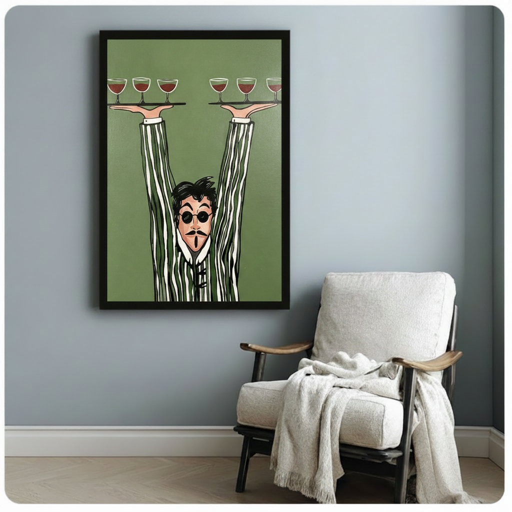 Bold graphic cartoon illustration of a surprised waiter in a bold olive and white striped jacket with exaggeratedly long arms stretched upward balancing two black serving trays with three red wine glasses each on a flat olive green background funny waiter wall art framed print beside a white linen armchair on a blue gray wall