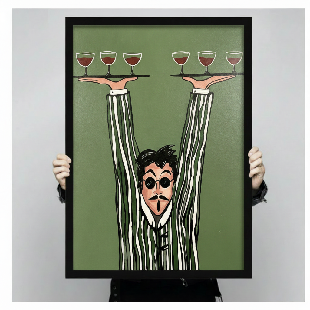 Bold graphic cartoon illustration of a wide-eyed waiter with black round sunglasses a goatee and an open-mouthed expression wearing an olive green and white striped suit with impossibly long arms raised high holding two black trays each with three red wine glasses on a flat olive green background quirky waiter wall art framed print held against a light gray background