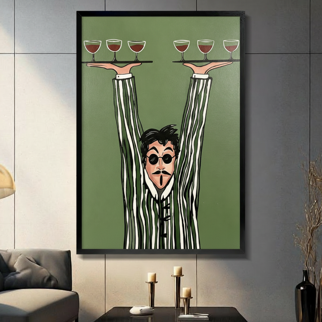 Bold graphic cartoon of a startled waiter with round black sunglasses and a goatee in a green and white vertical stripe suit with impossibly elongated arms holding two trays of red wine glasses high above against a flat olive green background bold waiter wall art framed print in a living room with dark gray panel wall dark sofa and black vase