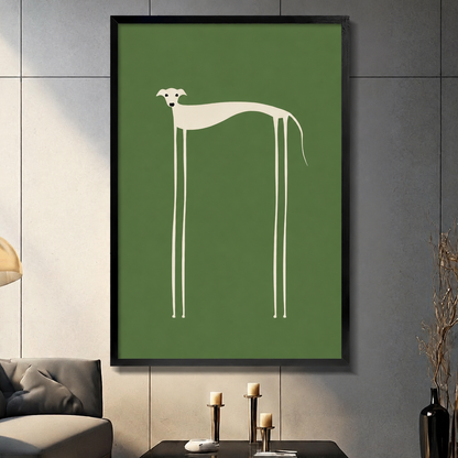 Minimalist long-legged greyhound wall art in black frame on dark tile wall with candlesticks