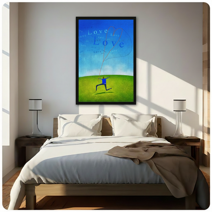 	Love kite inspirational framed poster hanging above bed in bright sunlit minimalist bedroom interior