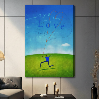 Large unframed canvas love kite wall art in modern living room with candles and decorative vases