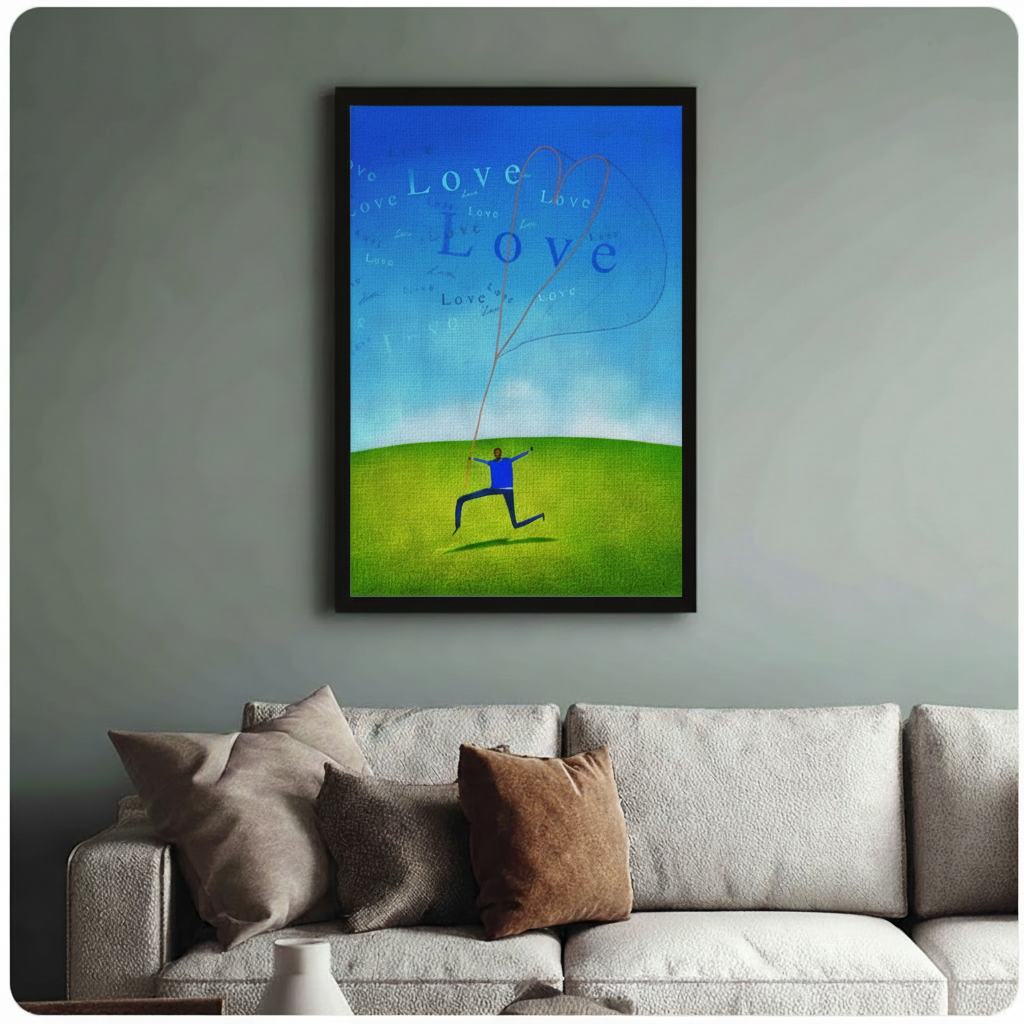 Framed love kite wall art with joyful running figure displayed above linen sofa on sage green wall