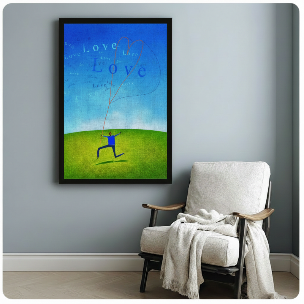 Framed love kite wall art print with running figure on green hill, displayed on grey wall above accent chair