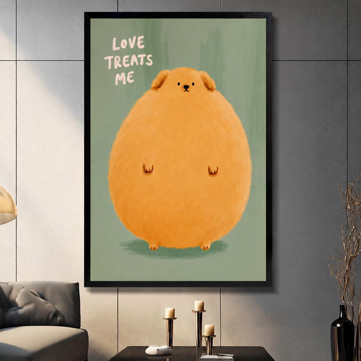 Framed canvas wall art of a chubby round Pomeranian with the quote "Love Treats Me" on a sage green background, displayed in a modern grey living room with candlesticks