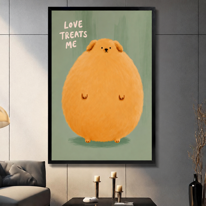 Framed canvas wall art of a chubby round Pomeranian with the quote "Love Treats Me" on a sage green background, displayed in a modern grey living room with candlesticks