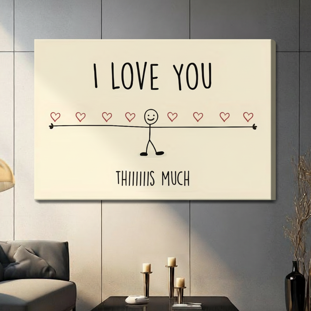 Gallery wrap stretched canvas of a funny stick figure spreading arms with I Love You Thiiiiiis Much quote and pink hearts hung frameless on a dark gray paneled wall above candlestick holders