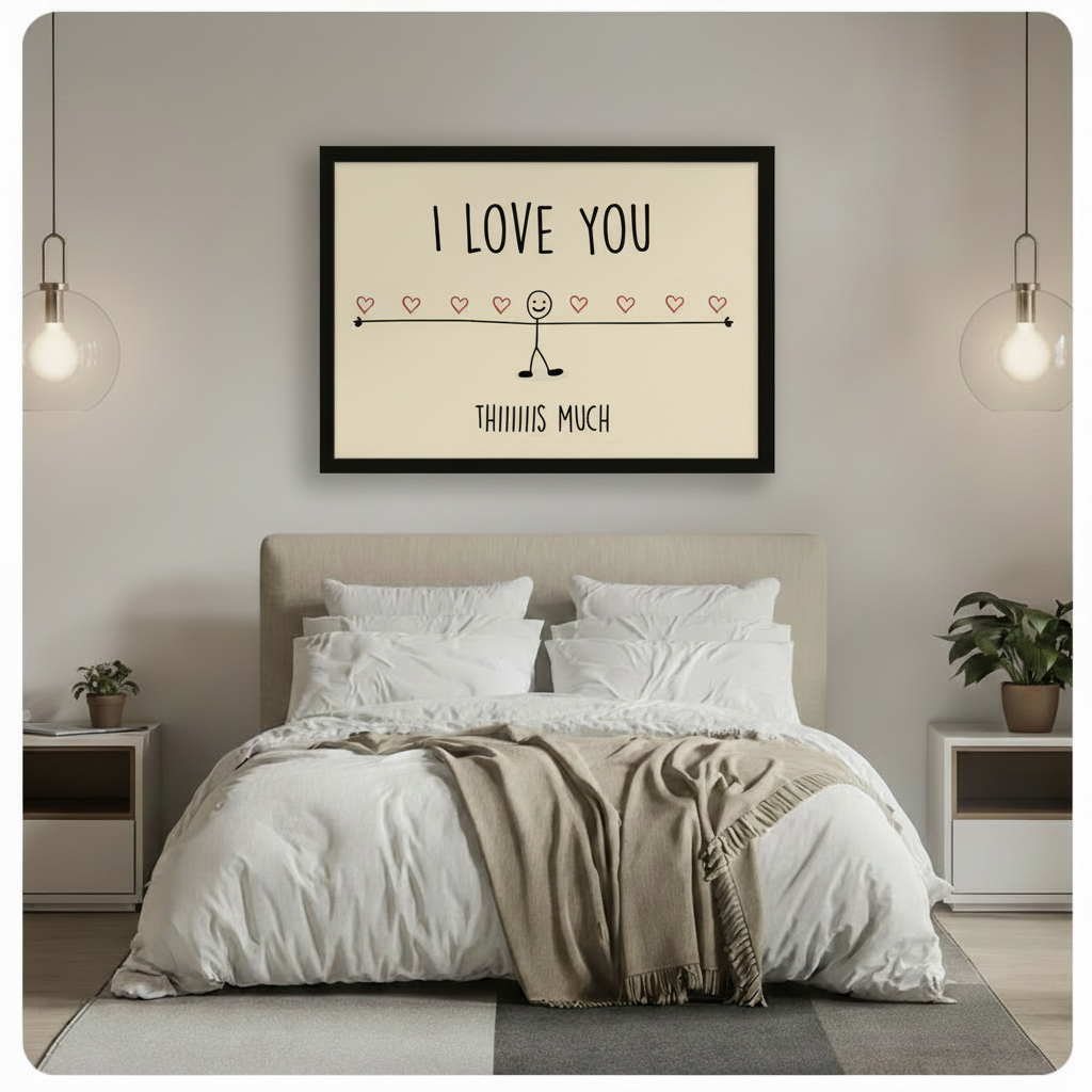 Black framed romantic stick figure I Love You Thiiiiiis Much canvas wall art hung above a beige upholstered bed with white linen bedding in a minimalist bedroom with glass globe pendant lights