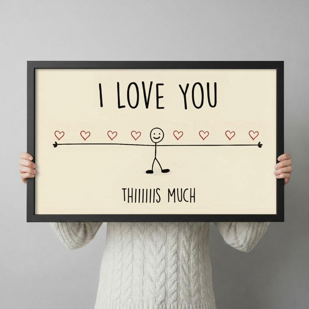 Person in white knit sweater holding a large black framed I Love You Thiiiiiis Much stick figure love quote canvas art print against a neutral gray background, horizontal product size display