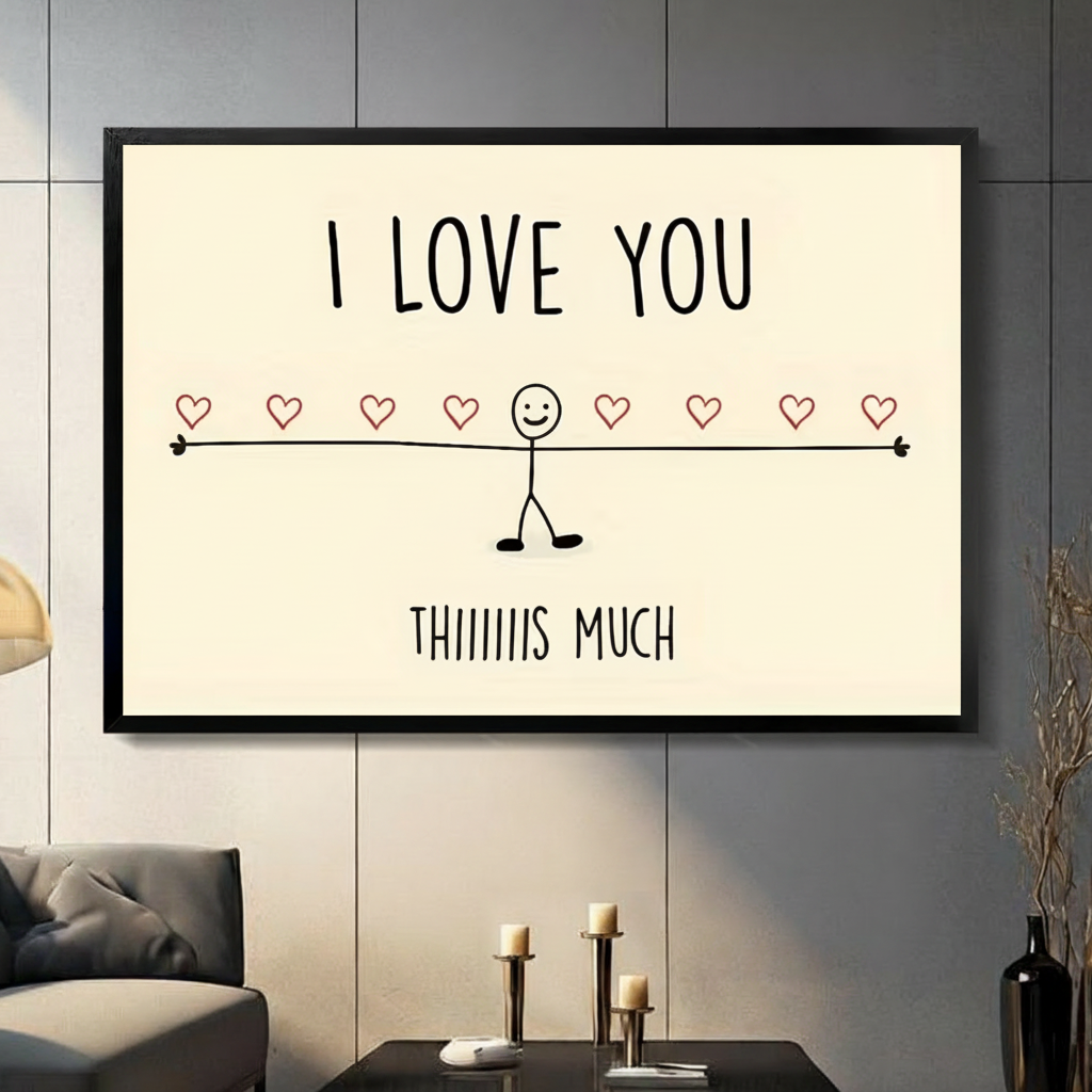 Black framed I Love You Thiiiiiis Much stick figure canvas wall art with cream background and hand-drawn hearts displayed in a modern dark gray living room with gray sofa and candlesticks