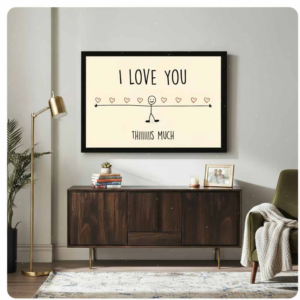 Black framed funny love quote stick figure canvas art hung above a dark walnut sideboard with stacked books and family photo frame in a modern living room with gold floor lamp and olive green chair