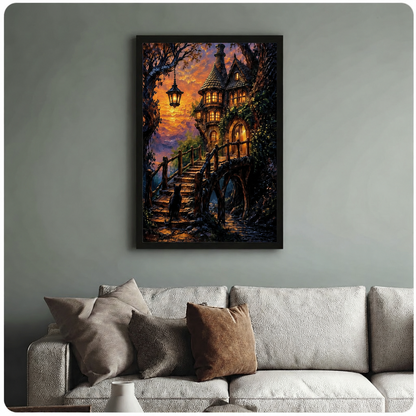 Black framed fantasy art print of an illuminated enchanted cottage surrounded by ancient trees and ivy, with a black cat silhouette on stone steps, hung above a neutral linen sofa