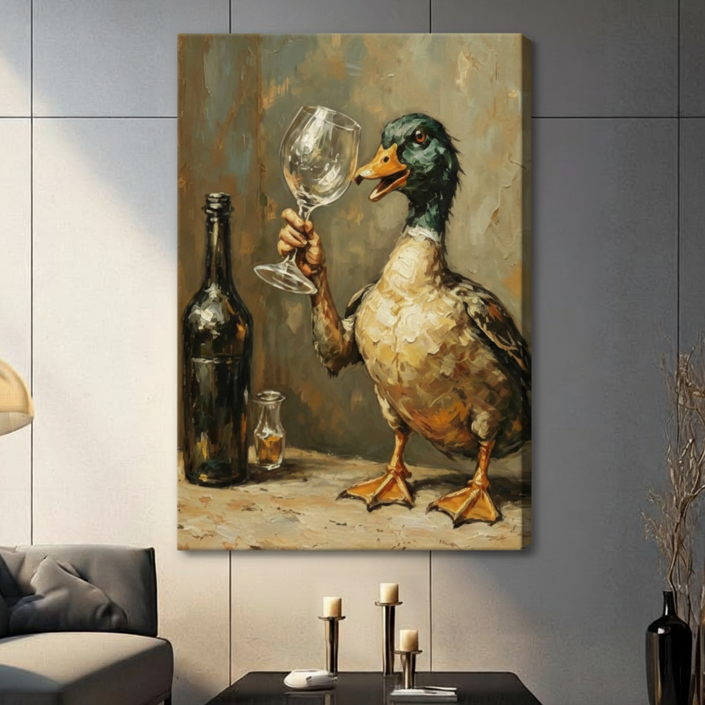 Gallery wrap canvas of a proud mallard duck raising an empty wine glass beside a dark bottle funny duck humor oil painting wall art
