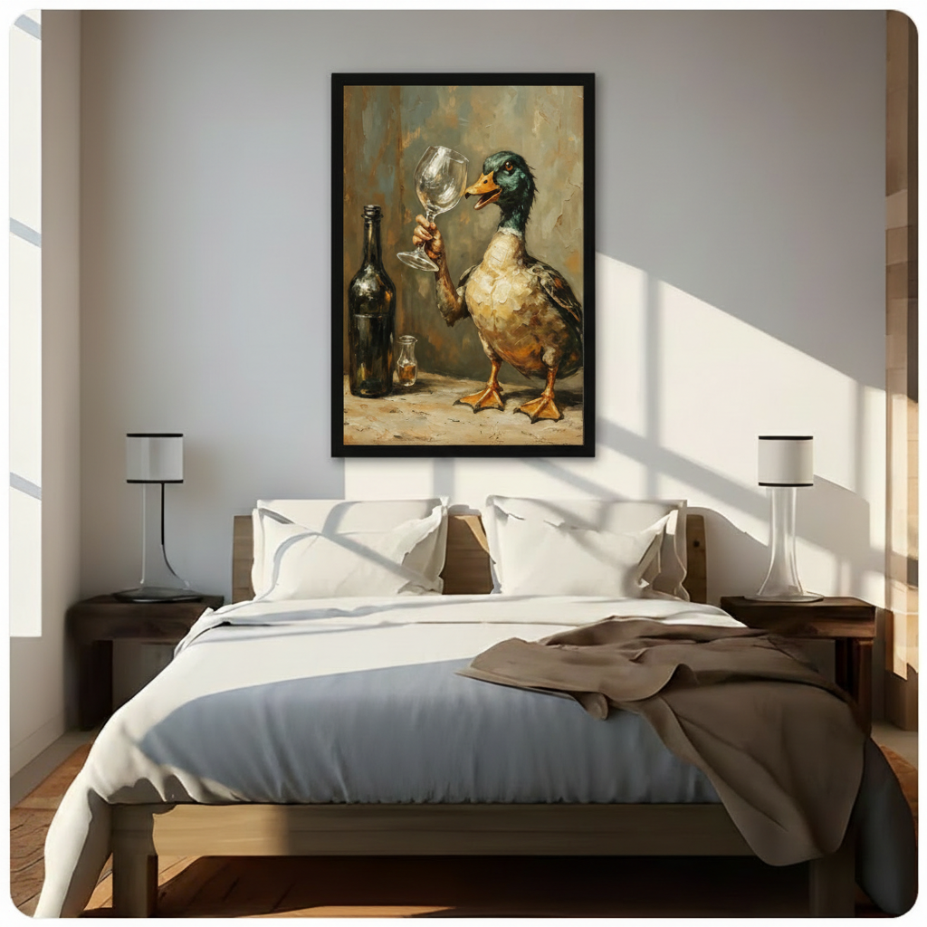 Black framed whimsical mallard duck wine glass impasto oil painting funny duck canvas wall art above dark wood bed white linen