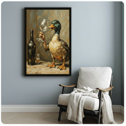 Black framed mallard duck wine glass impasto oil painting whimsical duck canvas art hung on blue-gray wall beside lounge chair