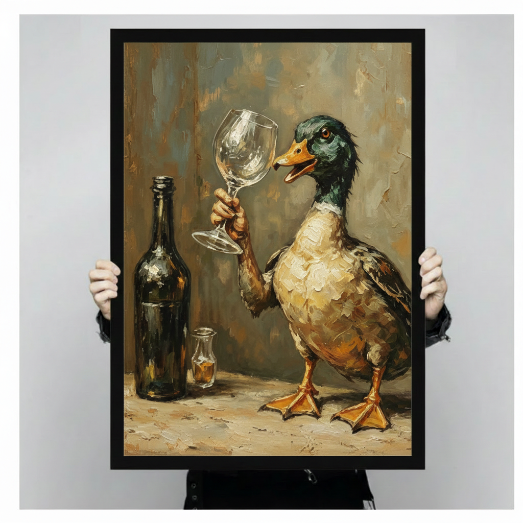 Hands holding black framed funny mallard duck holding wine glass oil painting whimsical duck canvas art size display