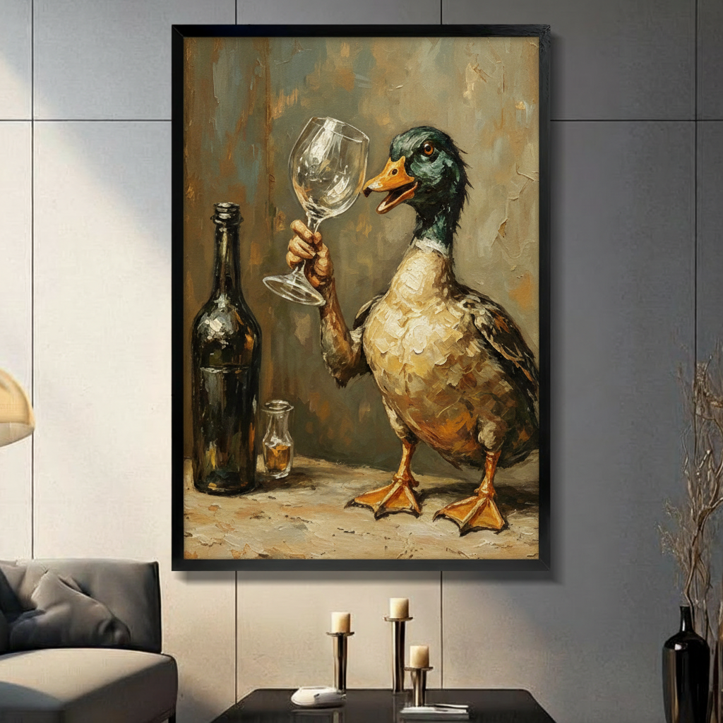 Black framed whimsical mallard duck holding a wine glass with bottle impasto oil painting funny duck canvas wall art in a modern living room