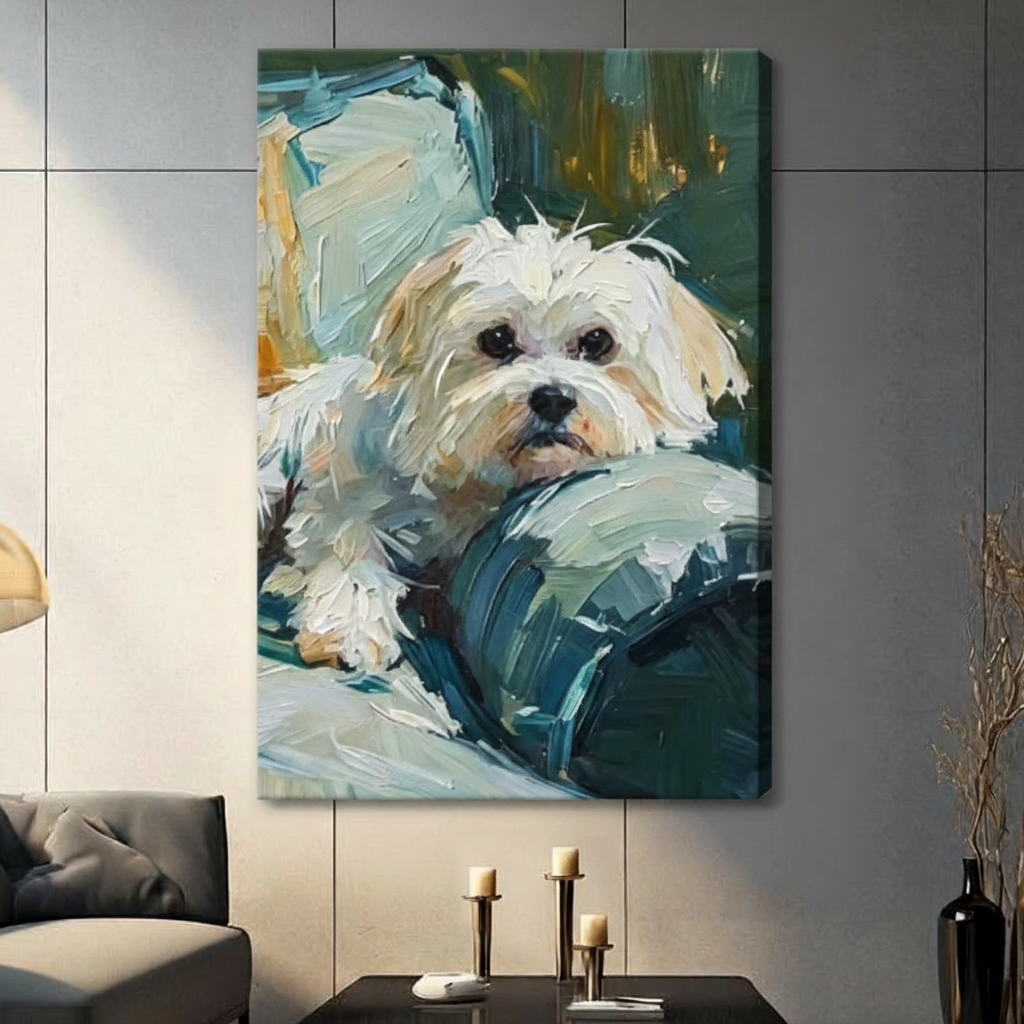 Gallery wrap stretched canvas of a fluffy white Maltese dog lying lazily on a teal cushion with round dark eyes and wispy fur painted in thick impressionist oil brushstrokes on a teal and amber background pet portrait painting hung frameless on a gray tile wall above a dark sofa with metal candlesticks