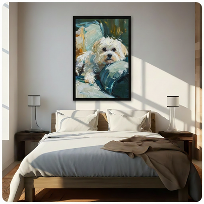 Black framed serene impressionist white Maltese dog resting on a teal blue pillow with soft dark eyes and wispy brushstroke fur pet portrait oil painting canvas wall art in teal and golden tones hung in bright diagonal sunlight above a dark wood bed with white linen bedding and matching wood nightstands