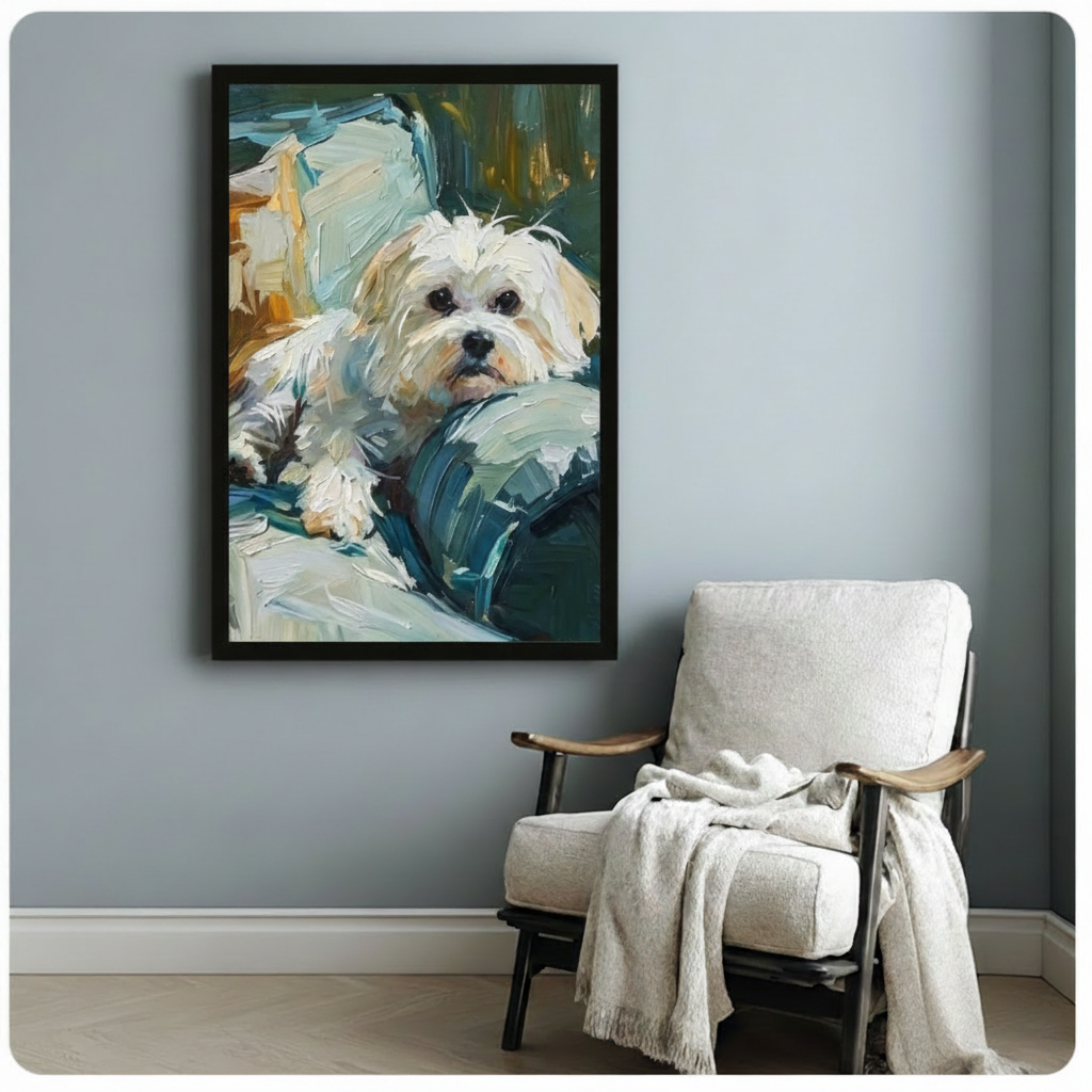 Black framed charming impressionist Maltese dog portrait with soft white fluffy fur and gentle dark eyes resting on a teal blue pillow expressive pet oil painting canvas print with bold brushstroke texture hung on a soft blue-gray wall beside a white linen wood armchair with a draped cream throw
