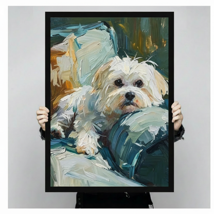 Two hands holding a large black framed impressionist white Maltese dog lying on a teal cushion with expressive round eyes and textured fluffy fur pet portrait oil painting canvas art print in teal blue and warm gold tones, front-facing vertical product size display