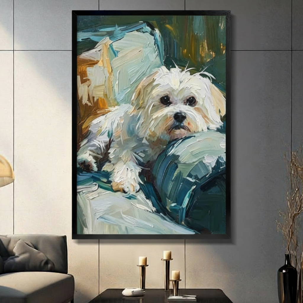 Black framed impressionist white Maltese dog resting its chin on a teal blue pillow with soft expressive eyes and fluffy textured fur rendered in bold oil painting brushstrokes pet portrait canvas wall art on teal and gold background displayed in a modern gray living room with dark sofa and metal candlesticks