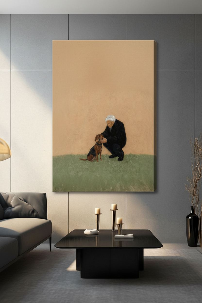 Unframed canvas wall art featuring a figurative painting of an older man bonding with a brown dog on a warm beige background, hung in a contemporary living room