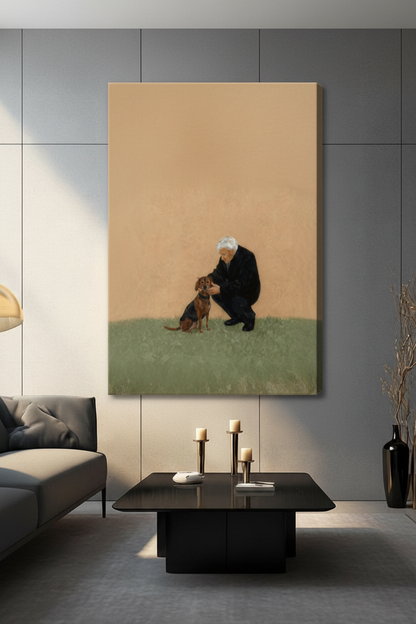Unframed canvas wall art featuring a figurative painting of an older man bonding with a brown dog on a warm beige background, hung in a contemporary living room