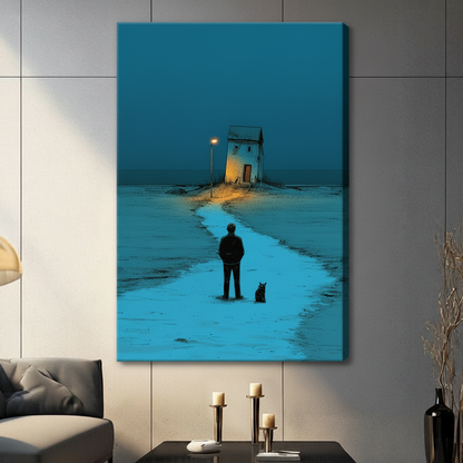Stretched canvas wall art featuring a solitary figure and cat on a blue moonlit path leading to a distant house, gallery wrap, living room setting