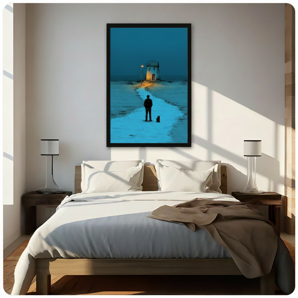 Atmospheric blue wall art of a man and cat on a moonlit path to a lone house, black frame, hung above a bed in a bright Scandinavian-style bedroom