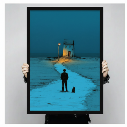 Close-up hand-held view of a black framed wall art print showing a lone man and cat on a glowing blue path toward a solitary house at night