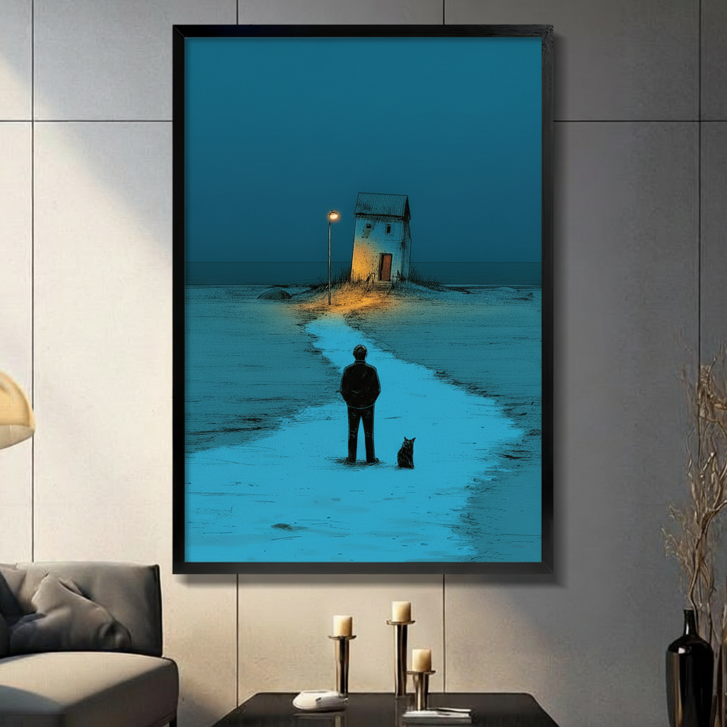 Moody blue wall art print of a man and cat standing on a glowing night path toward a lone house, black framed, displayed in a modern living room